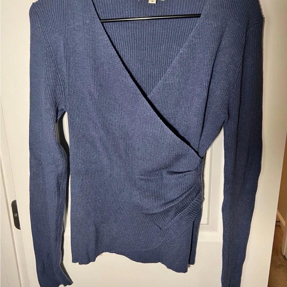 Max Studio Blue Ribbed Wrap Top